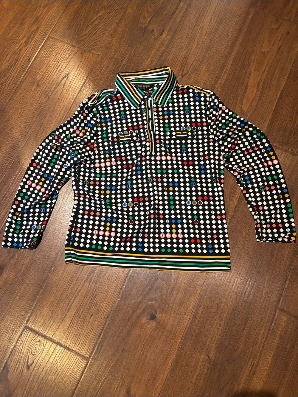 Women's Black Polka Dot Long-Sleeve Polo Blouse with Multicolor Accents